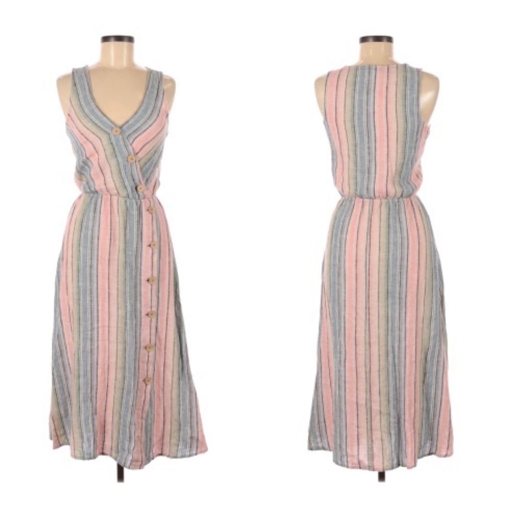 Indigo Rein Multicolor Linen Blend Striped Button V-Neck Midi Dress XS